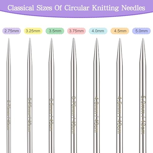 Image of Katech 16.93 inch (43cm) Circular Knitting Needles Set, 2.75mm-5.00mm Stainless Steel Knitting Needles with Cables, 7 Sizes Short Round Needle for Sweaters, Hats, Socks, Scarves