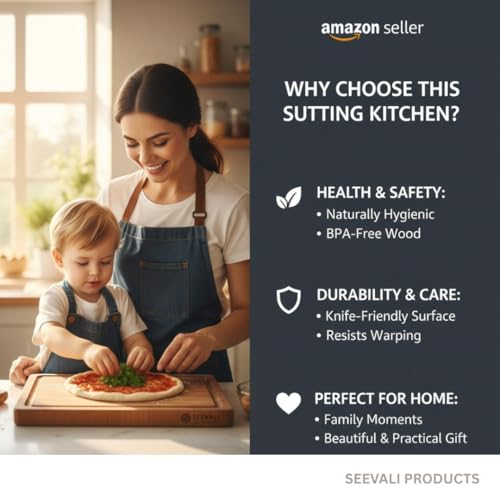 Image of Natural Wood Cutting Board, Acacia Hardwood, 34x24cm, Knife-Friendly Surface, Integrated Handle, Warp-Resistant, Rectangular Kitchen Chopping Block