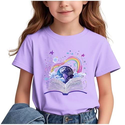 Girls Short Sleeve T-Shirts Rainbow Earth Book Graphic Tees Shirts Summer Cotton Tshirts Tops