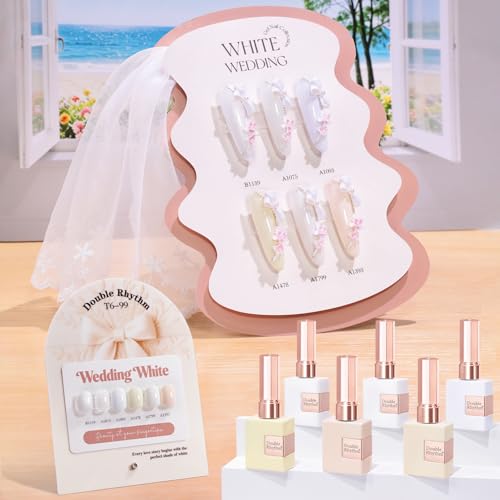 Double Rhythm 6 Pcs 15 ML Gel Polish Set Same Color Same Bottle Soak Off Glitter Gel Polish Kit Nail Art Manicure Salon DIY at Home for Wedding (Pearl White Milky Beige-T6-99)