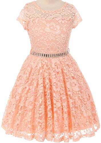Flower Girl Dress Cap Sleeve Jewel Belt Floral Lace All Over