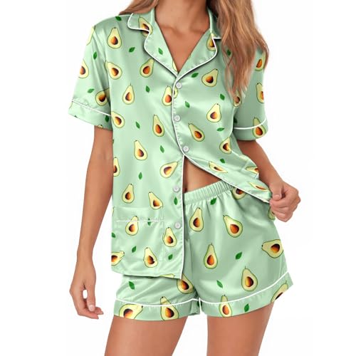 CENCORY Women Satin Pajamas Set Short Sleeve Button Down Avocado Foodie Brunch Lover Gift Avocado Large