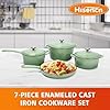 Hisencn Enameled Cast Iron Cookware Set - 7 Piece Set of Dutch Ovens, Sauce Pan, Skillet, 3 Lids, Dutch Oven Set, Ceramic Coated Cast Iron, Heavy Duty, Gas/Induction Compatible (Pistachio Green) #1