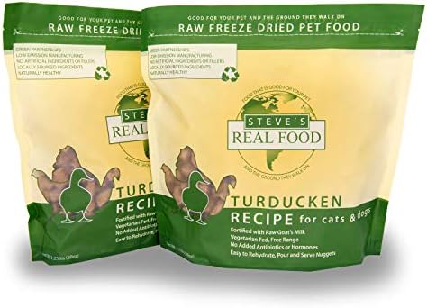 Steve's Real Food Freeze-Dried Raw Food Diet for Dogs and Cats, 2-Pack, Turducken Recipe (Turkey & Duck), 1.25 lbs in Each Bag, Made in The USA, Pour and Serve Nuggets, Vegetarian Fed & Free Range