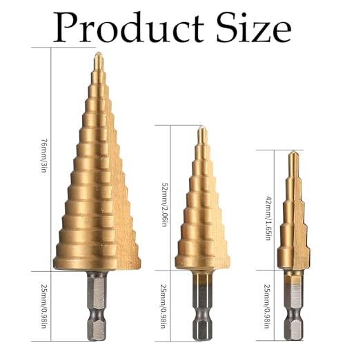 3 pcs HSS Step Bits, High Speed Steel Step Drill Bit Set (4-12mm, 4-20mm, 4-32 mm) Cone Drill Bits Hole Cutter,Cone Hole Cutter Drill Bits with Universal Hex Shank for Wood, Plastic and Sheet Metal 5 3 pcs HSS Step Bits, High Speed Steel Step Drill Bit Set (4-12mm, 4-20mm, 4-32 mm) Cone Drill Bits Hole Cutter,Cone Hole Cutter Drill Bits with Universal Hex Shank for Wood, Plastic and Sheet Metal - Image 5