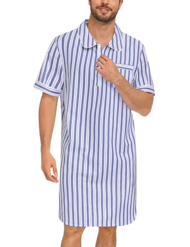 SWOMOG - SWOMOG Men's Nightshirt - 100% Cotton Short Sleeve Button Down Sleep Shirt, Navy White Stripes, Large - Best Deal on Amazon