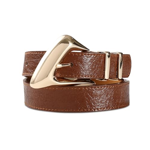 Women's Brown Belt Trend Belt with Gold Buckle Fashion Leather Waist Belt for Jeans Pants