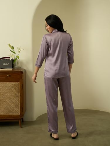 Image of STORIES OF BANNO'S SWAGGER Women Satin Solid Night Suit Set | Premium Soft Satin Nightwear Pajama Set | Stylish Comfortable Sleepwear for Ladies | Elegant Lounge Wear Night Dress