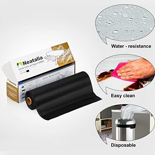 Neatalia 120Ft By 54In Black Disposable Plastic Tablecloth Roll With Slide-Cutter, Plus 6 Metal Table Cover Clips | For Any Size/Shape #TOP2