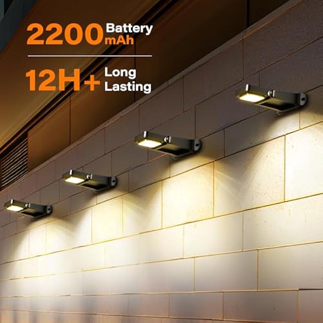 200LM Solar Wall Lights Outdoor 6 Colors, 2200mAh Long Lasting Solar Powered Deck Lights, 360¡ã Adjustable Porch Light IP65 Waterproof, Glass Panel Fence Light for Gutter, Step, 4 Pack
