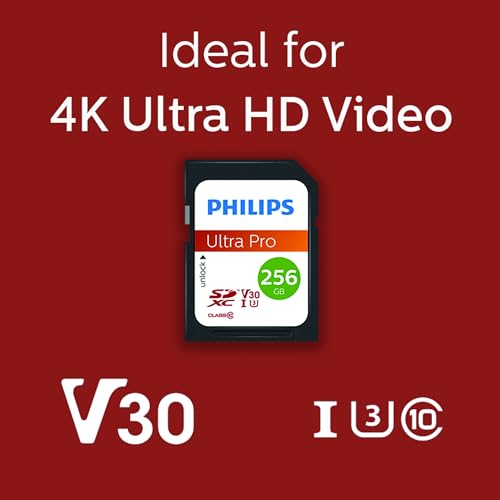 Philips Ultra Pro Carte SDXC 256 Go UHS-I U3, Vitesse de Lecture jusqu'à 100 Mo/s, V30, Carte mémoire pour Appareil Photo, Tablette, Ordinateur Personnel, Lecteur de Carte, vidéo 4K UHD