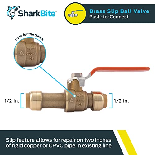Image of SharkBite 1 /2 Inch Slip Ball Valve, Push to Connect Brass Plumbing Fitting, PEX Pipe, Copper, CPVC, PE-RT, HDPE, 24735LF
