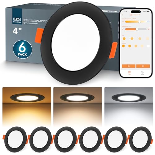 DUSKTEC Smart LED Downlights Ceiling Black 10W, APP Dimmable, Alexa Spot Lights, Warm and Cold White, LED Spotlights 4 inch, 240V Recessed Ceiling Lights IP44, 100mm - 112mm Cutout, 6 Pack