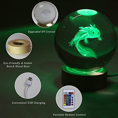 Image of 3D Axolotl Crystal Ball Night Light with 16 Color LED Wooden Base, Premium 2.4 Inch Axolotl Glass Ball Lamps with Remote for Birthday Holiday, Cool Axolotl Toy Decor Gifts for Boys Girls Kids