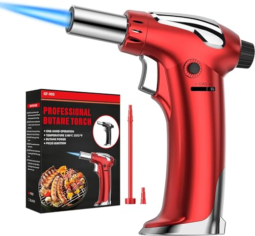 NANW Butane Torch Lighter with Adjustable Flame, One Handed Blow Torch with Safety Lock, Refillable Cooking Torch for BBQ, Creme Brulee and Searing (Butane Gas Not Included)