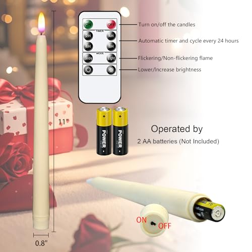 Image of Wondise Flameless Taper Candles with Remote Timer, Waxy Battery Operated Flickering Tall Candlesticks, 3D Wick LED Candles 11inch for Halloween Christmas Holiday Wedding Decoration (Ivory
