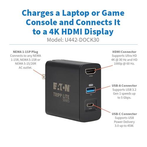 Image of Tripp Lite Small Travel-Sized Dock for Nintendo Switch, Switch 2, or Laptop - Dock Set Hub and Charger, 4K@60Hz HDMI Port, USB 3.2 Gen 1 Port, USB-C 45W PD Charging Port, 1-Year Warranty (U442-DOCK30)