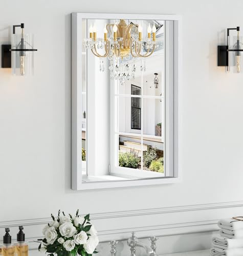 Image of Syndra White Wood Frame Bathroom Mirror, 22''x30'' Modern Vanity Mirror for Wall, Waterproof Slim Deep Frame, Rectangular HD Tempered Glass Mirror for Living Room, Bedroom, Entryway, Rustic, Farmhouse