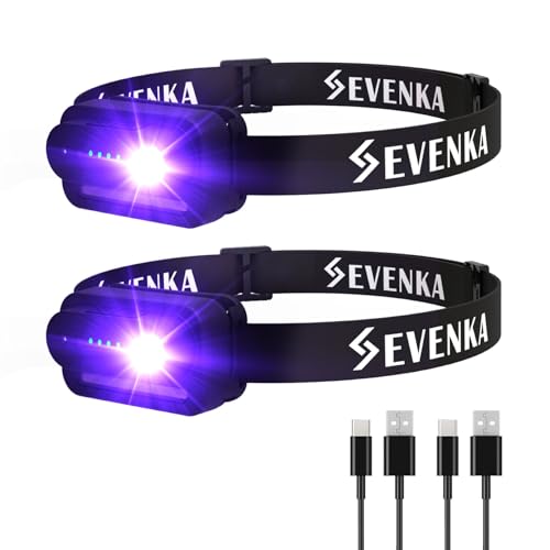 Image of SEVENKA 2 UV Headlamp Flashlight Black Light, Rechargeable LED Hand Free Mini UV Blacklight 395nm Head Lights with White & Ultraviolet Light, Detector for Pet Dog /Cat Urine Stains,Bed Bug,Scorpions
