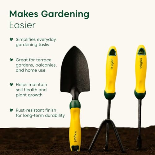 Image of KYARI Gardening Tools Kit for Home Gardening - 3Pcs Hand Tool Set with Trowel Cultivator Weeder for Digging Planting Weeding Loosening Soil