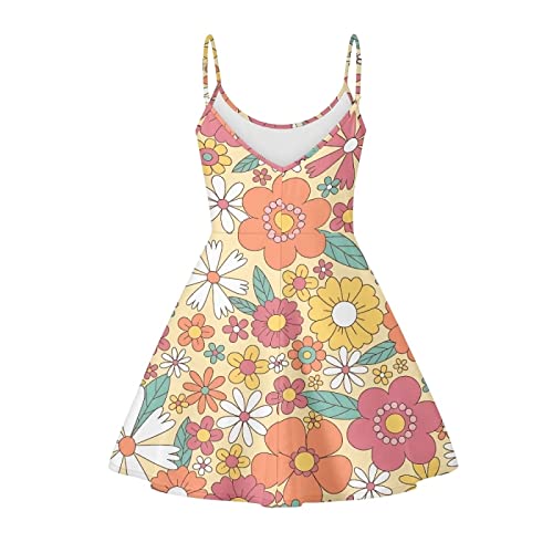 Image of Coloranimal Abstract Hippie Flower Dresses for Women Plus Size Womens Summer Casual Loose Sleeveless Spaghetti Strap Beach Dress Off Shoulder Swing Suspender Skirts, Orange