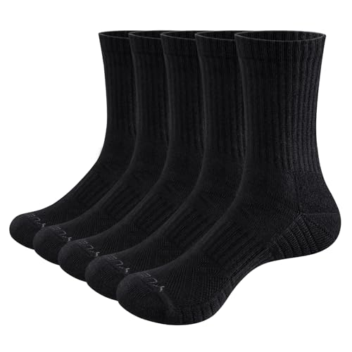 Mens Performance Gym Tennis Training Athletic Socks Moisture Wicking Cotton Cushioned Crew Socks for Men, 5 Pairs/Pack