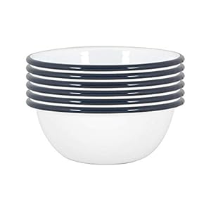 Argon Tableware White Emaille Bowls – Metal Outdoor Camping Food Sjours – 16cm – Navy – Pack van 6