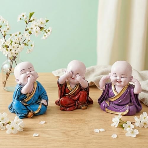 Image of eCraftIndia Resin Blue, Red & Purple Think No Evil, Speak No Evil, Hear No Evil Set of 3 Cute Little Monk Buddha Statues Decorative Showpieces for Car Dashboard, Home & Office Decor