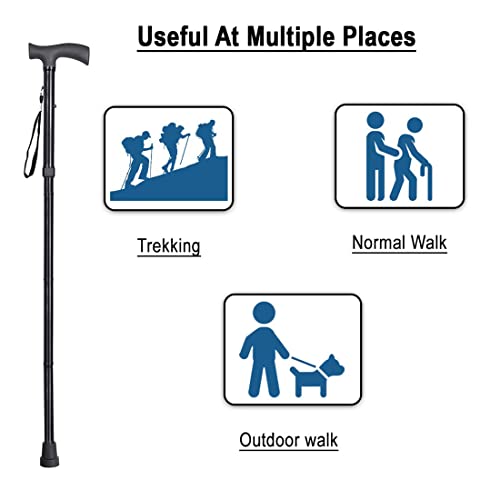 Image of MCP Healthcare 4 Folding Sections Aluminium Foldable Walking Stick Adjustible Height, for Men, Women & Old People Support, Trekking Cane Stick, Easy to Store (Black)