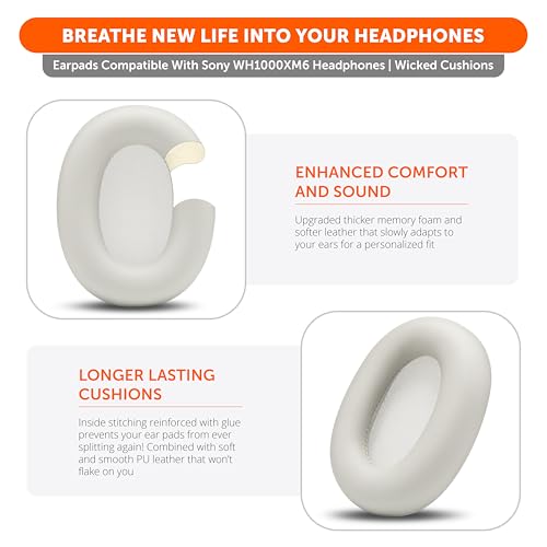 Image of WC PadZ XM6 - Premium Replacement Earpads Compatible with Sony WH-1000XM6 Headphones by Wicked Cushions | Enhanced Comfort, Durable PU Leather & Sound Isolation | Platinum Silver