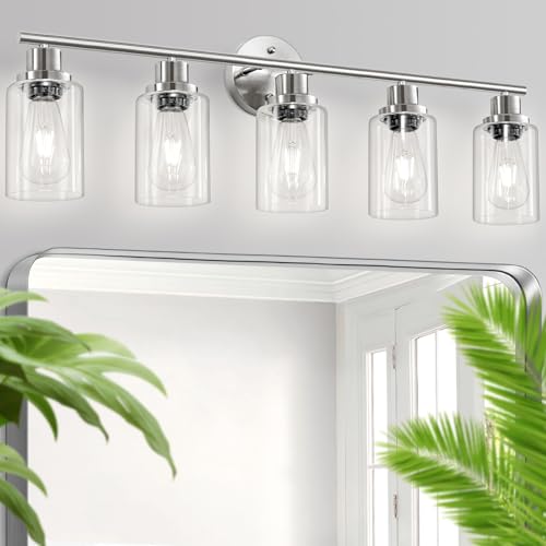 Image of 5-Light Bathroom Vanity Lights, E26 Modern Brushed Nickel Bathroom Light Fixtures with Clear Glass Shade, Mirror Kitchen Hallway Cabinet Living Room Sconces Wall Lights