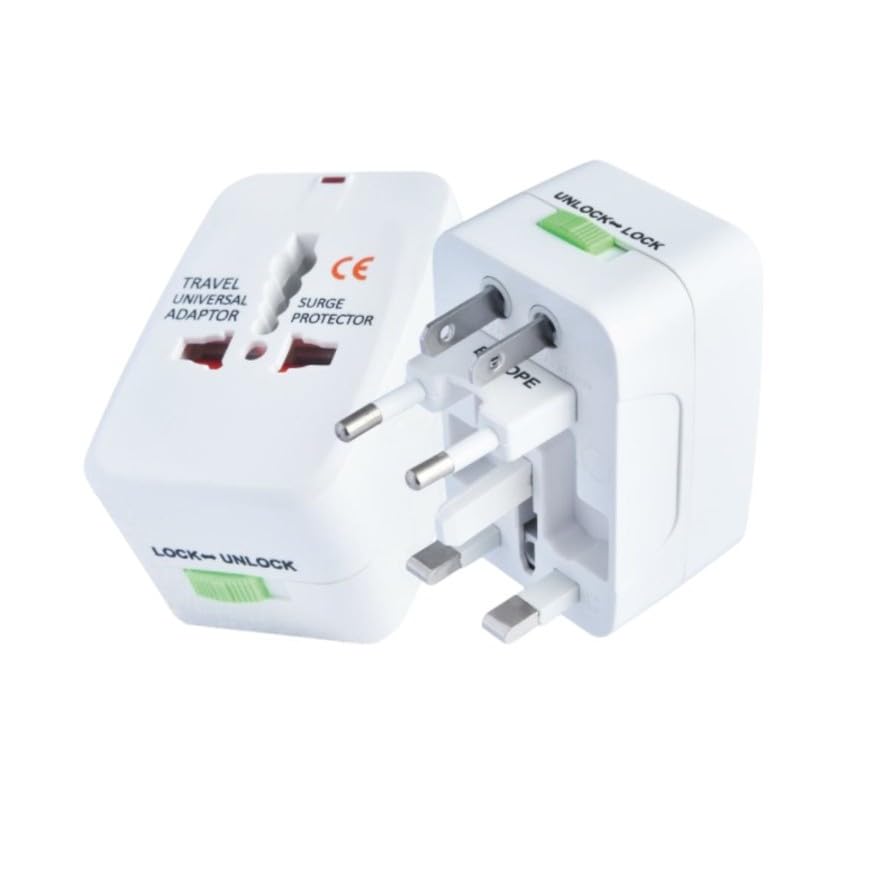 Hawk Universal Travel Adapter with Surge Protector, White, Type A/C/G/I Multi-Plug, 100-240V AC, 10A Max, Model Travelmate
