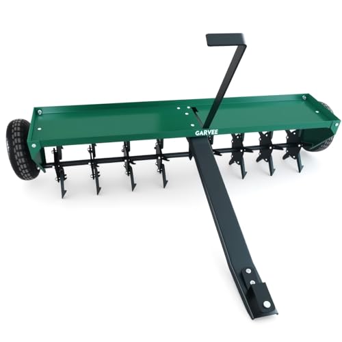 48" Tow Behind Lawn Plug Aerator with 30 Galvanised Steel Tines, Heavy Duty Pull Behind Plug Aerator with Universal Hitch, 3 in Spikes, Inflatable Whe