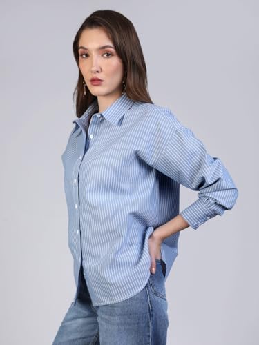 Image of Urbano Fashion Women's Cotton Full Sleeve Oversized Fit Casual Striped Shirt with Spread Collar