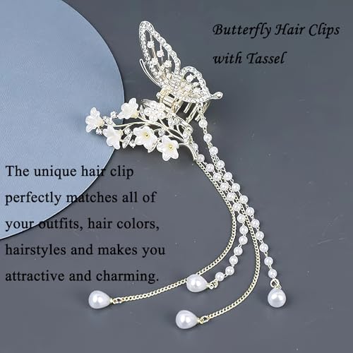 Pinza de cabello mariposa con borlas y perlas blanca miniatura 4