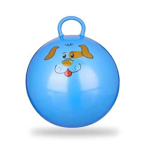 Relaxdays 10x Hüpfball Kinder, Hund, mit Griff, für Drinnen und Draußen, mit Tier-Motiv, Weich, 45 cm Durchmesser, Blau