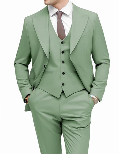 Mens 3 Piece Regular Fit Suit Set Wedding Suits One Button Peak Lapel Solid Blazer Single Breasted Vest Pants