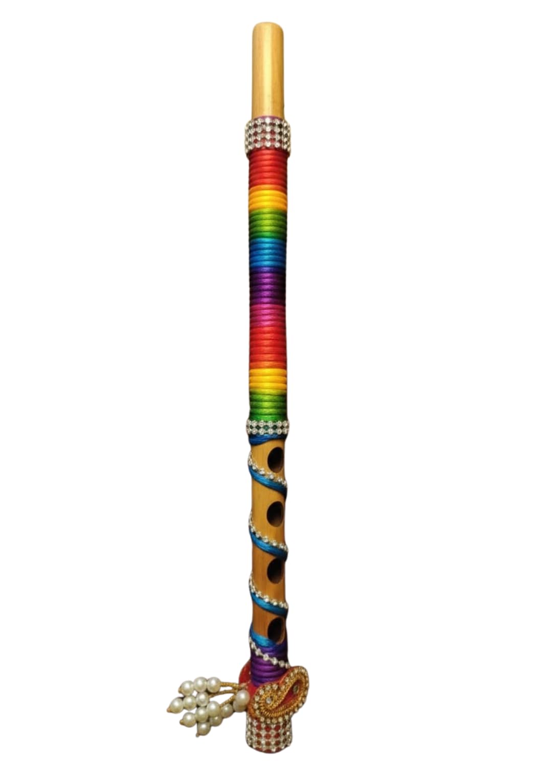 Decorative Wooden Flute, Rainbow Multicolor, Handcrafted with Rhinestone Embellishments, Pearl Tassel, Traditional Indian Musical Instrument Decor-image-21