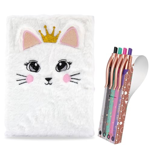 Starplast Libretas Peluche A5 + Pack 4 Boligrafos de Colores - Tapa Felpa Extrasuave, Bolígrafos de Color, Hojas de punto para Lettering, Notas, Diario secreto, Regalo para niño y niña - GATA CORONA