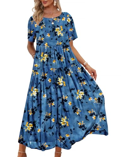 YESNO Women Casual Loose Bohemian Floral Dress with Pockets Short Sleeve Long Maxi Summer Beach Swing Dress 2XL EJF CR428