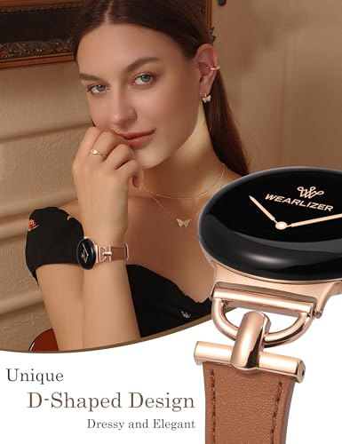 Image of Wearlizer Leather Bands Compatible with Google Pixel Watch 4 /3 41mm /Pixel Watch 2 /1 Band Women, Dressy Designer Slim Leather Strap with D-Shape Metal Buckle for Pixel Smartwatch Accessories