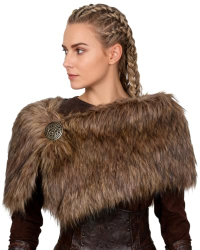 LVOW Viking Faux Fur Shawl Collar for Women Fur Wrap Stole with Medieval Brooch for LARP GoT Warrior Queen Costume Accessories(Brown)