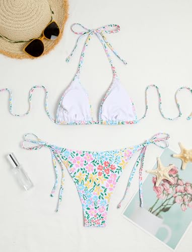 Image of ZAFUL Womens Printed Triangle Bikinis 2 Piece Halter Bikini Sets High Cut Bathing Suit Side Tie Swimsuits