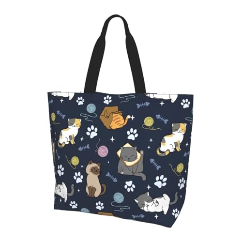 Majoug Cute Cat Tote Bags for Women, Large Reusable Grocery Shopping Bag, Lightweight Shoulder Tote for Work, Travel, Gym, Beach, Picnic, Daily Use