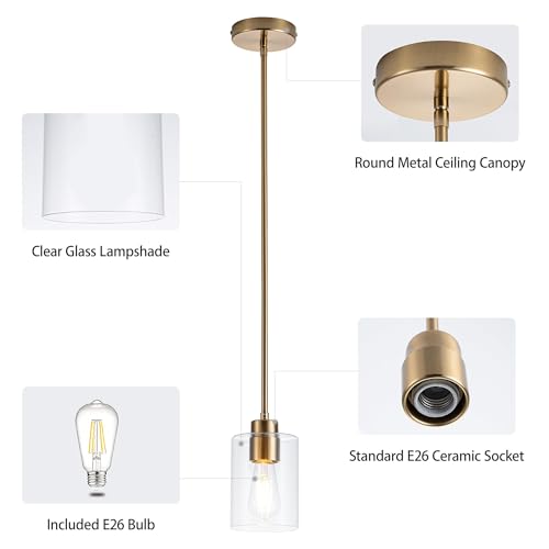 Image of MAYNA 3-Pack Brushed Brass Dining Room Light Fixtures, Modern Gold Pendant Lighting Over Island, Adjustable Rods Glass Chandelier for Kitchen Table (Bulbs Included)