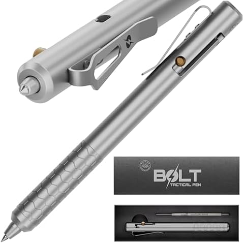 Off-Grid Knives BOLT Tactical Pen with Tungsten Carbide Glass Breaker, Overbuilt Bolt Action XL Writing Tool, Aircraft Aluminum, German Ink, Stainless Steel Clip (Silver) Cover