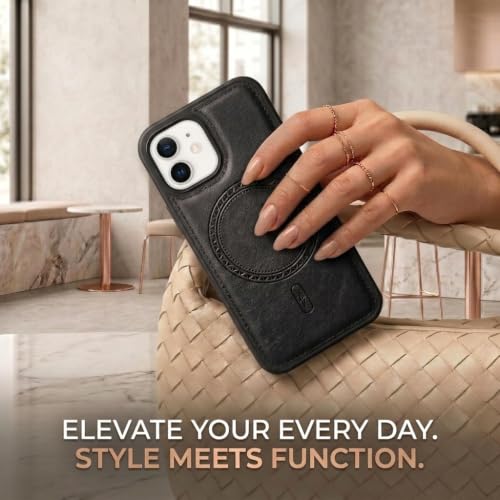 Image of amazon basics Premium PU Leather Case for iPhone 12, MagSafe Compatible Magnetic Ring, Sleek Protective Back Cover - [Black]