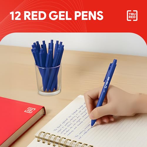 Image of Staples TRU RED Retractable Gel Pens, Medium Point 0.7mm, Blue Ink, 12 Pack - Quick-Dry Pens for Smooth, Smear-Free Writing