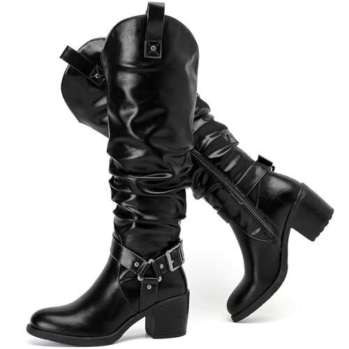 Women's Slouchy Knee High Boots with Chunky Heel, Pointed Toe, Comfortable and Fashionable Fall Winter Boots for Women.