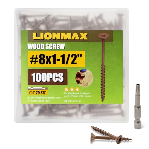 Image of LIONMAX Wood Screws 1-1 /2 Inch, Deck Screws #8 x 1-1 /2 inch, 100 PCS, Rust Resistant, Epoxy Coated, Exterior Wood Screw, Outdoor Decking Screws, Torx /Star Drive Head, T25 Star Bit Included, Brown